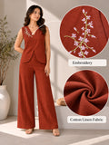 Women’s Rust Maroon Cotton Linen Co-Ord Set with Embroidered Sleeveless V-Neck Top and Wide-Leg Trousers