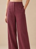 Women’s Linen Co-Ord Set with Embroidered V-Neck Top & Wide-Leg Pants – Maroon