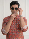 Vida Loca 100% Cotton  Rust Color Full Sleeve Chinese collar Cotton Printed Kurta For men and Boys.