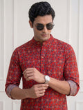 Vida Loca 100% Cotton  Rust Color Full Sleeve Chinese collar Cotton Printed Kurta For men and Boys.