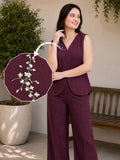 Women’s Maroon Linen Co-Ord Set with Sleeveless V-Neck Top & Wide-Leg Trousers