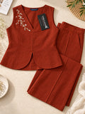 Women’s Rust Maroon Cotton Linen Co-Ord Set with Embroidered Sleeveless V-Neck Top and Wide-Leg Trousers