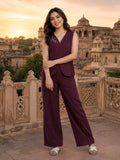 Women’s Maroon Linen Co-Ord Set with Sleeveless V-Neck Top & Wide-Leg Trousers