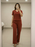 Women's Two Piece Set, Maroon, V-Neck Top with Wide Leg Trousers, Short Sleeve