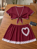 Women’s Bow-Detail Lingerie Set with Ruffle Mini Skirt