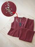 Women’s Linen Co-Ord Set with Embroidered V-Neck Top & Wide-Leg Pants – Maroon