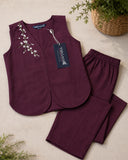 Women’s Maroon Linen Co-Ord Set with Sleeveless V-Neck Top & Wide-Leg Trousers
