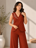 Women’s Rust Maroon Cotton Linen Co-Ord Set with Embroidered Sleeveless V-Neck Top and Wide-Leg Trousers