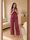 Women’s Linen Co-Ord Set with Embroidered V-Neck Top & Wide-Leg Pants – Maroon
