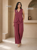 Women’s Linen Co-Ord Set with Embroidered V-Neck Top & Wide-Leg Pants – Maroon