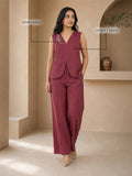Women’s Linen Co-Ord Set with Embroidered V-Neck Top & Wide-Leg Pants – Maroon