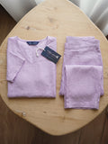 Women's Two Piece Set, Purple, V-Neck Top with Wide Leg Trousers, Short Sleeve