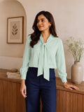 Women’s Elegant Crepe Tie-Neck Full Sleeve Blouse – Stylish Office & Casual Wear Top