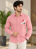 Men's Pink Crane Embroidered Poly Cotton Full-Sleeve Casual Shirt