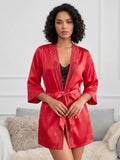 Women's Satin Lace Robe Nightwear with Waist Tie Belt ( 521 )
