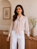 Women’s Elegant Crepe Bow-Tie Neck Full Sleeve Blouse – Stylish Formal & Casual Wear Top
