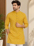 Vida Loca Men’s Printed Cotton Blend Straight Kurta – Mustard Yellow