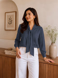 Women’s Elegant Crepe Tie-Neck Full Sleeve Blouse – Stylish Blue Office & Casual Wear Top
