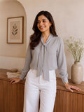 Women’s Elegant Crepe Bow Neck Full Sleeve Top – Solid Light Grey Formal Blouse