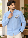 Men's Sky Blue Sailboat Embroidered Poly Cotton Full-Sleeve Casual Shirt