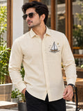 Men's Cream Beige Sailboat Embroidered Poly Cotton Full-Sleeve Casual Shirt