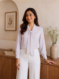Women’s Lavender Crepe Tie-Neck Blouse with Long Sleeves | Elegant Formal & Casual Top