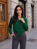 Women’s Elegant Green Crepe Bow-Tie Neck Full Sleeve Formal Top