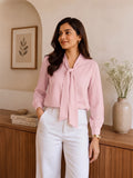 Women’s Elegant Crepe Tie-Neck Full Sleeve Blouse – Stylish Baby Pink Office & Casual Wear Top