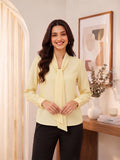 Women’s Elegant Solid Yellow Crepe Bow-Neck Full Sleeve Formal Top