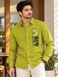 Men's Lime Green Mountain Landscape Embroidered Poly Cotton Full-Sleeve Casual Shirt