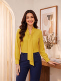 Women’s Elegant Yellow Crepe Bow-Tie Neck Full Sleeve Formal Top