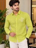 Men's Lime Green Poly Cotton Full Sleeve Shirt with Dove Embroidery