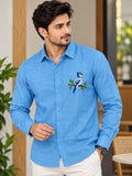 Men's Sky Blue Poly Cotton Full Sleeve Shirt with Bird Embroidery