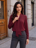 Women’s Elegant Crepe Bow-Neck Full Sleeve Blouse – Solid Maroon Formal Top