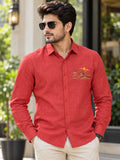 Men's Red Textured Mountain Embroidery Poly Cotton Full-Sleeve Casual Shirt