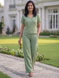 Women's Two Piece Set, Light Green, V-Neck Top with Wide Leg Trousers, Short Sleeve
