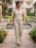 Women's Two Piece Set, Cream, V-Neck Top with Wide Leg Trousers, Short Sleeve