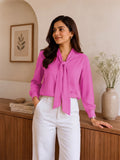 Women’s Solid Crepe Bow Neck Full Sleeve Top – Elegant Casual & Office Wear Blouse