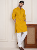 Men’s Yellow Pure Cotton Printed Straight Kurta | Full Sleeve Ethnic Wear