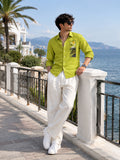 Men's Lime Green Mountain Landscape Embroidered Poly Cotton Full-Sleeve Casual Shirt