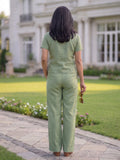 Women's Two Piece Set, Light Green, V-Neck Top with Wide Leg Trousers, Short Sleeve
