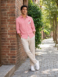 Men's Pink Crane Embroidered Poly Cotton Full-Sleeve Casual Shirt