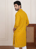 Men’s Yellow Pure Cotton Printed Straight Kurta | Full Sleeve Ethnic Wear