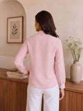 Women’s Elegant Crepe Tie-Neck Full Sleeve Blouse – Stylish Baby Pink Office & Casual Wear Top