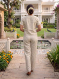 Women's Two Piece Set, Cream, V-Neck Top with Wide Leg Trousers, Short Sleeve