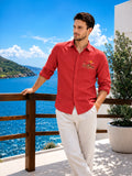 Men's Red Textured Mountain Embroidery Poly Cotton Full-Sleeve Casual Shirt