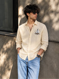 Men's Cream Beige Sailboat Embroidered Poly Cotton Full-Sleeve Casual Shirt