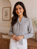 Women’s Elegant Crepe Bow Neck Full Sleeve Top – Solid Light Grey Formal Blouse