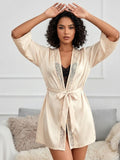 Women's Satin Lace Robe Nightwear with Waist Tie Belt ( 521 )
