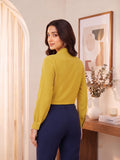 Women’s Elegant Yellow Crepe Bow-Tie Neck Full Sleeve Formal Top